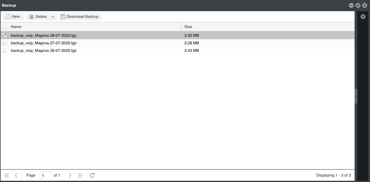Original MagnusBilling Backup screen with New, Delete and Download Backup actions.